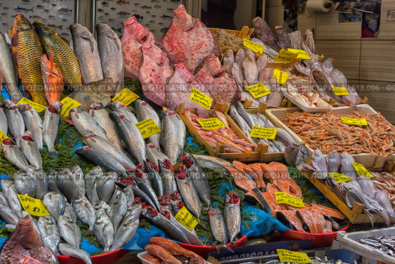 Various fish on the counter fish shop in Istanbul (2018 год). Редакционное фото, фотограф Анна Кривицкая / Фотобанк Лори