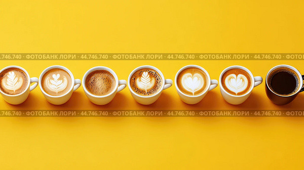 Various hot coffees in ceramic cups lined up on a yellow background. Стоковое AI-изображение, AI-художник Veniamin Kraskov / Фотобанк Лори