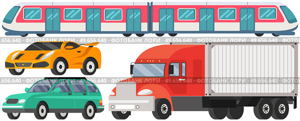 Various types of freight, passenger and public transport. Set of automobiles for different purposes. Sports and passenger car, wagon, train. Ground and underground vehicles vector illustration. Various types of freight, passenger and public transport. Ground and underground vehicles, cars. Стоковая иллюстрация, агентство Ingram Publishing / Фотобанк Лори
