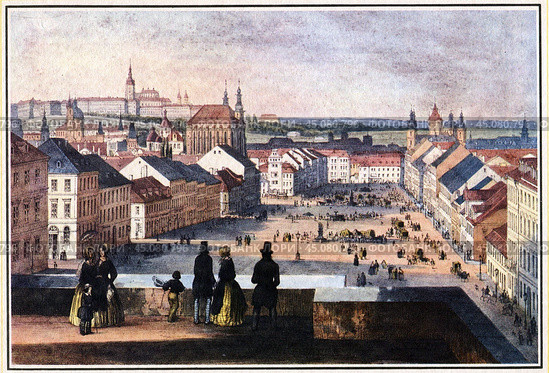 Вацлавская площадь. Прага, Чехия. Ф. К. Зандманн, 1860. Стоковая иллюстрация, иллюстратор Retro / Фотобанк Лори