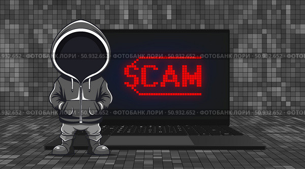 Vector 3d mobile computer. Red word scam on screen. Gray cartoon anonymous faceless scammer in hoodie, hands in pockets. Toon standing little man bandit. Pixel mosaic background. Стоковая иллюстрация, иллюстратор GAlexS / Фотобанк Лори