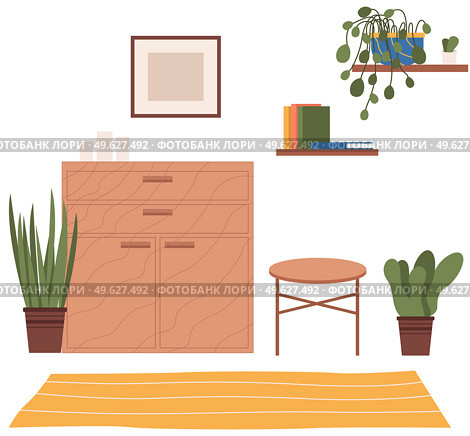 Vector background of living room with commode, coffee table, plants, bookshelf on the wall. Indoor furniture design, modern home interior elements. Contemporary furniture, empty space for design. Vector cartoon background of living room with commode, coffee table, plants, bookshelf on the wall. Стоковая иллюстрация, агентство Ingram Publishing / Фотобанк Лори