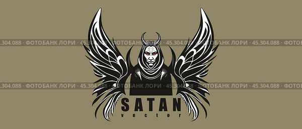 Vector black and white terrible awesome horned and winged with red eyes Satan. Logo, sticker or icon. Стоковая иллюстрация, иллюстратор GAlexS / Фотобанк Лори