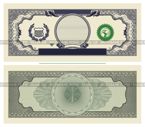 Vector blank template in vintage paper money style. Retro banknote sample with guilloche patterns. Obverse and reverse. Symmetrical beautiful bill. Shield, eagle and wreath. Стоковая иллюстрация, иллюстратор GAlexS / Фотобанк Лори