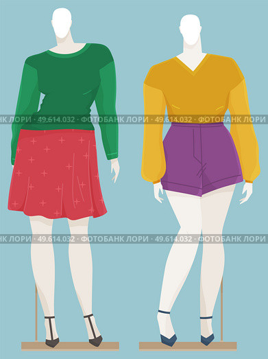 Vector design of a mannequin for women s clothes showcase. Female figure full length fashion clothing store equipment on blue background. Human body replica to show model clothes. Dress shop. Vector design of a mannequin for women s clothes. Female figure fashion clothing store equipment. Стоковая иллюстрация, агентство Ingram Publishing / Фотобанк Лори