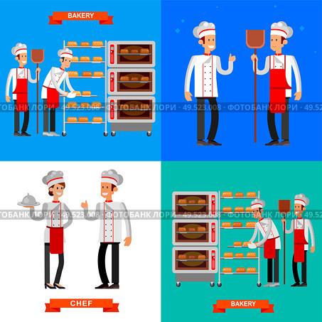 Vector detailed characters chef, Cook baker cooking bread, bakery interior with professional oven, flat design vector illustration. Cook baker cooking bread icon bakery background flat design vector illustration. Стоковая иллюстрация, агентство Ingram Publishing / Фотобанк Лори