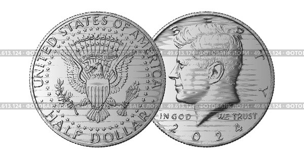 Vector engraving, design element. Modern US 50 cents. Obverse and reverse of change coin of United States of America. American money. Fifty. Sample. Стоковая иллюстрация, иллюстратор GAlexS / Фотобанк Лори