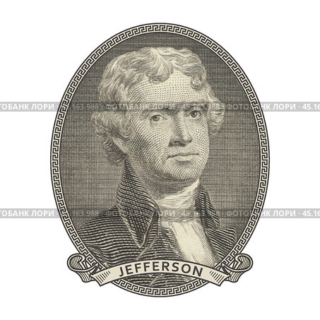 Vector high pixel mosaic portrait of the 3rd US President Thomas Jefferson in an oval and with a ribbon. Sticker or badge. White isolated background. Стоковая иллюстрация, иллюстратор GAlexS / Фотобанк Лори