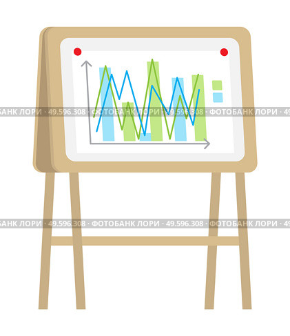 Vector icon of wooden flipchart with chart, graphs, data, arrows, infographics. Business presentation at board. Report screen with statistics, business strategy, financial plan. Isolated wooden board. Vector icon of wooden flipchart with chart, graph, data, arrows, infographics, business presentation. Стоковая иллюстрация, агентство Ingram Publishing / Фотобанк Лори