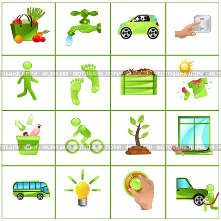 Vector illustration of GO GREEN concept: buy local produce, fix leaky faucets, carpool, turn off light, walk more, compost, dry clothes outside, recycle, ride a bike, plant tree, insulate home, public transportation, change light bulb, adjust thermostat, check tire pressure. Стоковая иллюстрация, агентство Ingram Publishing / Фотобанк Лори