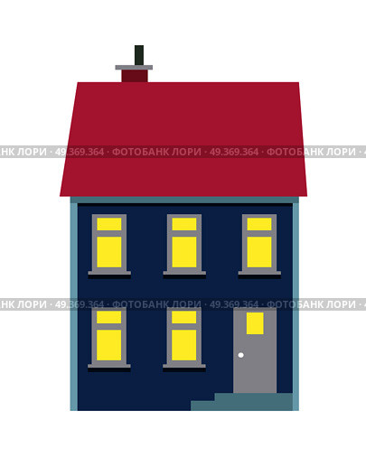 Vector illustration of isolated cartoon house with two floors on white background. Colourful building with pink roof and chimney on it and some yellow lighted windows. Architecture in city.. Isolated Cartoon House with Two Floors on White. Стоковая иллюстрация, агентство Ingram Publishing / Фотобанк Лори