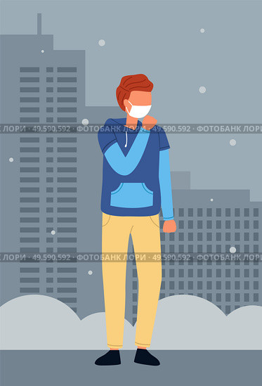 Vector illustration of young red haired man in hoodie wearing face medical mask is coughing at city background. Viral pandemic. Coronavirus 2019-ncov flu. Respiratory protection from virus pandemia. Vector illustration of red haired guy wear face medical mask is coughing at city background. Стоковая иллюстрация, агентство Ingram Publishing / Фотобанк Лори