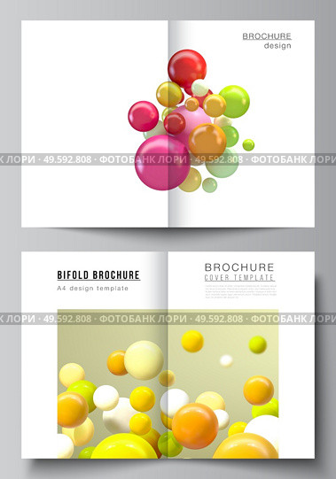 Vector layout of two A4 cover mockup templates for bifold brochure, flyer, magazine, cover design, book design. Abstract vector futuristic background with colorful 3d spheres, glossy bubbles, balls. Vector layout of two A4 cover mockup templates for bifold brochure, flyer, magazine, cover design, book design. Abstract vector futuristic background with colorful 3d spheres, glossy bubbles, balls. Стоковая иллюстрация, агентство Ingram Publishing / Фотобанк Лори