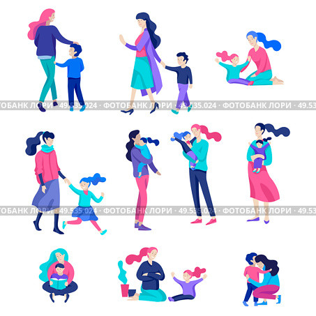 Vector people character. Mother and daughter spending time together, read a book and play, bathe the baby, walk and shopping. Colorful flat concept illustration.. Vector people character. Mother and daughter spending time together. Стоковая иллюстрация, агентство Ingram Publishing / Фотобанк Лори
