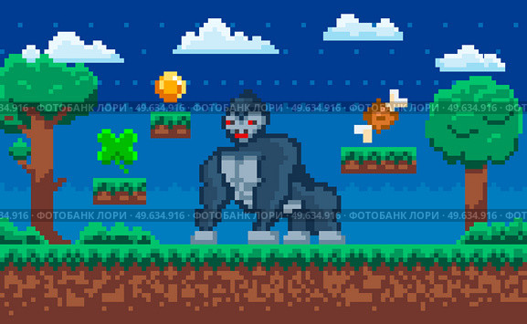 Vector pixelated Gorilla, cartoon pixel wild animal in natural landscape with trees at night. Retro 8 bit art mobile app or computer game personage pixel-game huge angry monkey in dark forest. Vector pixelated Gorilla, cartoon pixel wild animal in natural landscape with trees at night. Стоковая иллюстрация, агентство Ingram Publishing / Фотобанк Лори