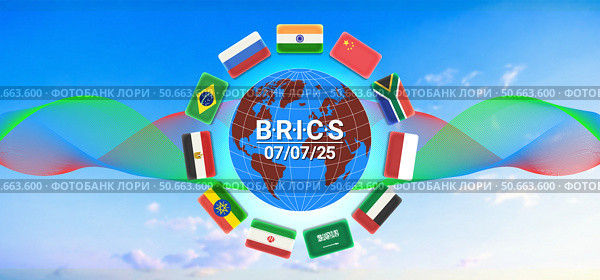 Vector set of flags. Brazil, Russia, India, China, South Africa, Egypt, Ethiopia, Iran, Saudi Arabia, UAE and Indonesia. BRICS july 7, 2025. Planet Earth and pattern on cloudy sky, БРИКС. Стоковая иллюстрация, иллюстратор GAlexS / Фотобанк Лори