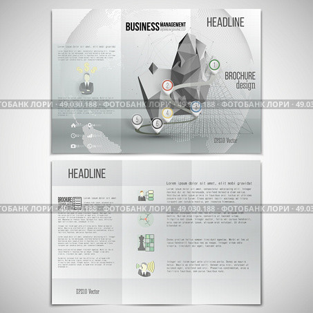 Vector set of tri-fold brochure design template on both sides. Gray background with timeline and world globe. Infographic pattern. Vector set of tri-fold brochure design template on both sides. Gray background with timeline and world globe. Vector infographic template for your design. Стоковая иллюстрация, агентство Ingram Publishing / Фотобанк Лори