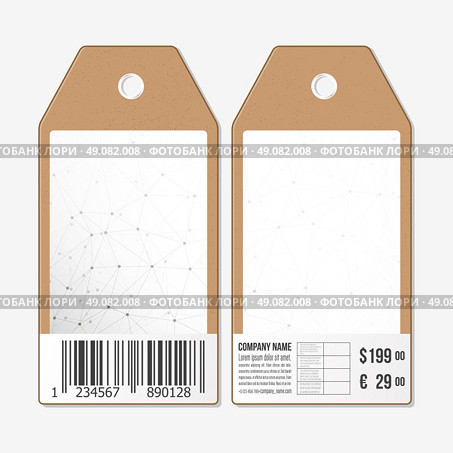 Vector tags design on both sides, cardboard sale labels with barcode. Molecule structure, connection vector, science polygonal background. Стоковая иллюстрация, агентство Ingram Publishing / Фотобанк Лори