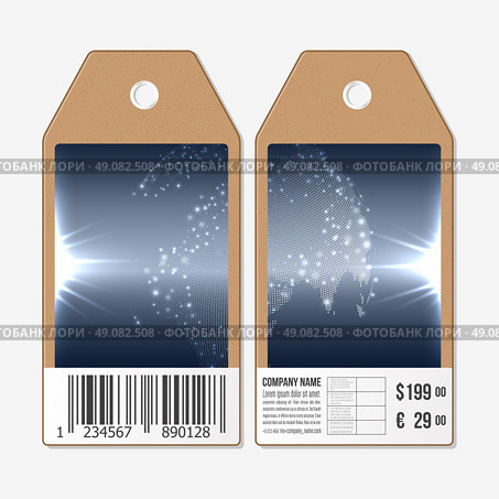 Vector tags design on both sides, cardboard sale labels with barcode. Dotted world globe. Стоковая иллюстрация, агентство Ingram Publishing / Фотобанк Лори