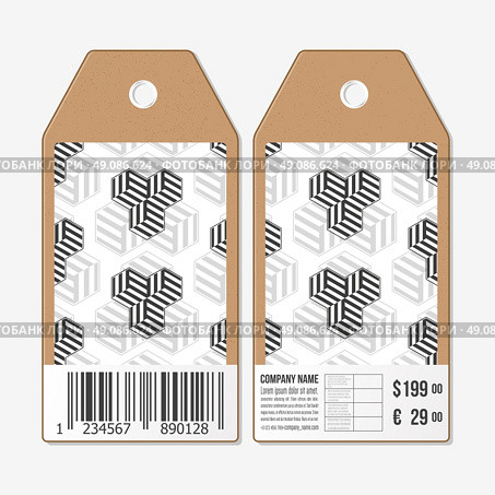 Vector tags design on both sides, cardboard sale labels with barcode. Recurring cubes on background. Geometric pattern. Simple abstract monochrome texture. Стоковая иллюстрация, агентство Ingram Publishing / Фотобанк Лори