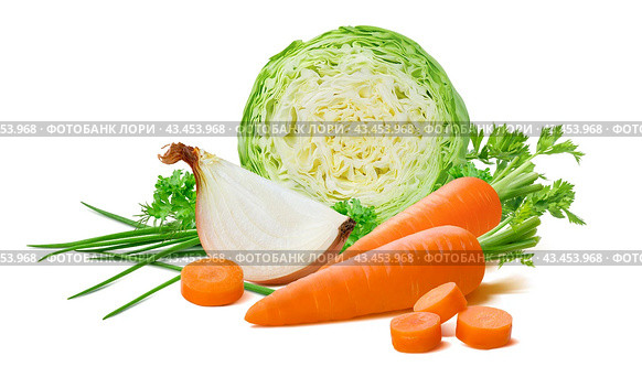 Vegetable set: cabbage, onion, carrot, scallion isolated on white background. Стоковое фото, фотограф Катерина Ковалева / Фотобанк Лори