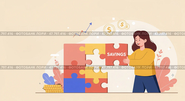 Векторная иллюстрация: Человек добавляет недостающий пазл "Savings" (сбережения) к общей картине бюджета. Планирование финансов и ежемесячного бюджета, накопления, инвестиции. Редакционное AI-изображение, AI-художник Ирина Першина / Фотобанк Лори