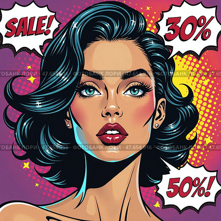 Векторный портрет женщины. Распродажа. Vector portrait of a woman. Sale. Стоковое AI-изображение, AI-художник Гер Олег / Фотобанк Лори