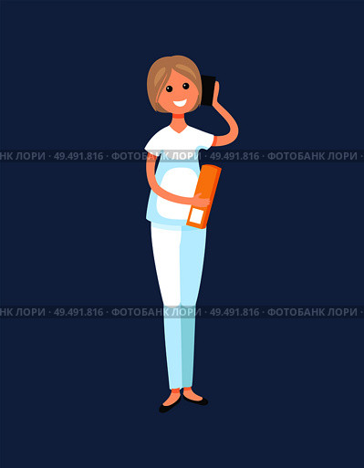 Veterinarian clinic, woman receptionist talking on mobile phone vector. Reception worker female appointing meeting of client. Employee with files. Veterinarian Clinic, Receptionist Talking on Phone. Стоковая иллюстрация, агентство Ingram Publishing / Фотобанк Лори