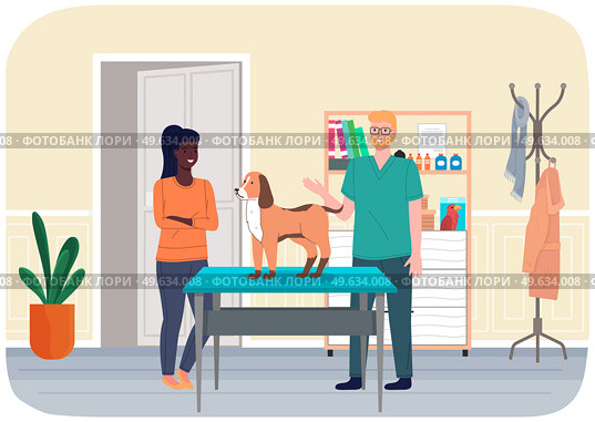 Veterinarian doctor treat ginger dog in hospital office. Man stroking puppy standing on medical table, makes him an examination. Visit to vet clinic to check health of animal. Veterinary care. Veterinarian doctor treat ginger dog in hospital office. Man stroking puppy, veterinary care. Стоковая иллюстрация, агентство Ingram Publishing / Фотобанк Лори