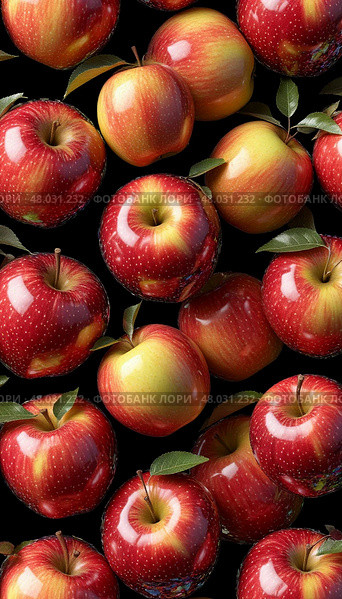 Vibrant assortment of red apples displaying freshness on a black background. Стоковое AI-изображение, AI-художник Анастасия Пальчикова / Фотобанк Лори