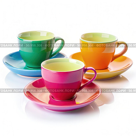 Vibrant Colorful Cups and Saucers on a White Background. Generative AI. Стоковое AI-изображение, AI-художник Roman Zavorotny / Фотобанк Лори
