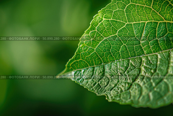Vibrant green leaf showing intricate veins and texture in nature's beauty. Стоковое AI-изображение, AI-художник Иван Рябоконь / Фотобанк Лори