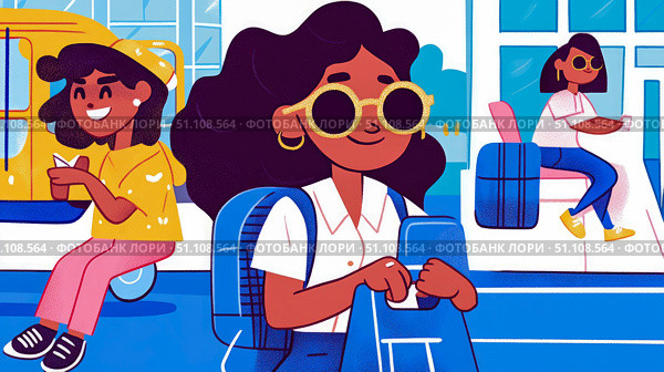 Vibrant illustration of three diverse young women embarking on contemporary journeys, featuring varied transportation and joyful travel experiences. Стоковое AI-изображение, AI-художник Данила Большаков / Фотобанк Лори
