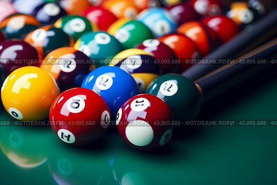 Vibrant Many colorful billiard balls and cue. Generate Ai. Стоковое AI-изображение, AI-художник Иван Рябоконь / Фотобанк Лори