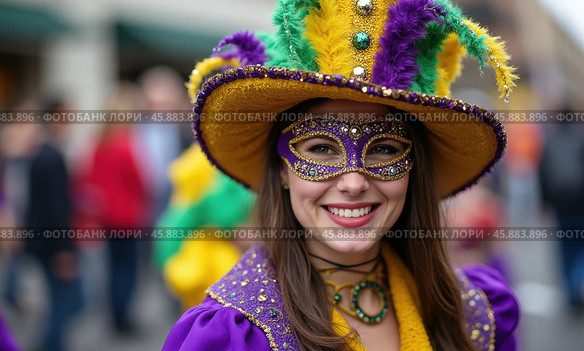 Vibrant Mardi Gras Celebration Featuring a Joyful Person in a Colorful Costume and Mask During a Lively Parade in New Orleans. Стоковое AI-изображение, AI-художник Sergey Grishin / Фотобанк Лори
