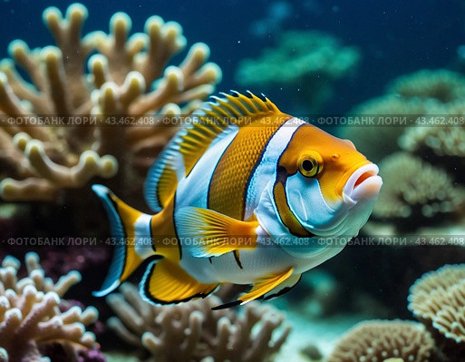 Vibrant orange white yellow blue red reef fish swim through coral reef. Sun rays pierce sea water. Variety of animal. Ecology hydrosphere. Anthropogenic factor influencing death of coral reefs. AI. Стоковое AI-изображение, AI-художник Юлия Петровская / Фотобанк Лори