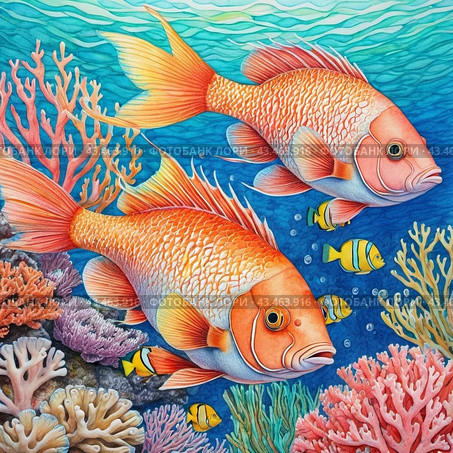Vibrant orange white yellow blue red reef fish swim through coral reef. Sun rays pierce sea water. Variety of animal. Ecology hydrosphere. Anthropogenic factor influencing death of coral reefs. AI. Стоковое AI-изображение, AI-художник Юлия Петровская / Фотобанк Лори