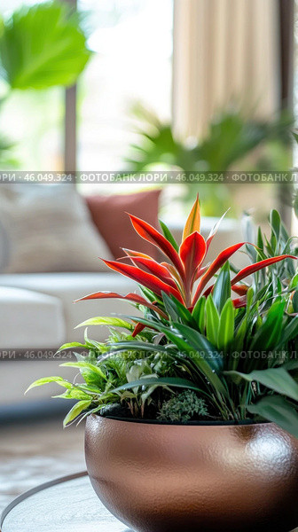Vibrant red bromeliad enhancing modern living room decor. Стоковое AI-изображение, AI-художник Юрий Поздников / Фотобанк Лори