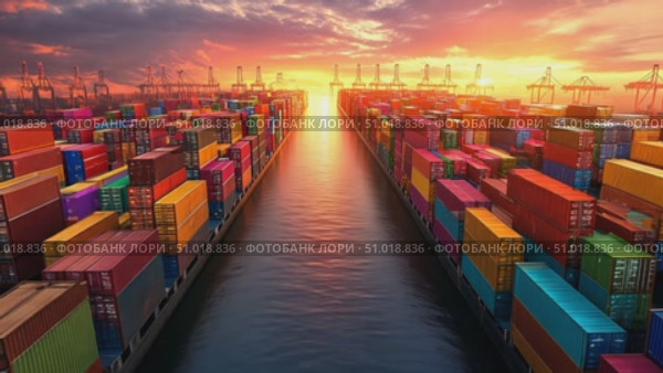 Vibrant shipping containers line the port as sunset casts a warm glow, highlighting the busy harbor at dusk with cranes in the background. Стоковое AI-видео, аниматор Данила Большаков / Фотобанк Лори