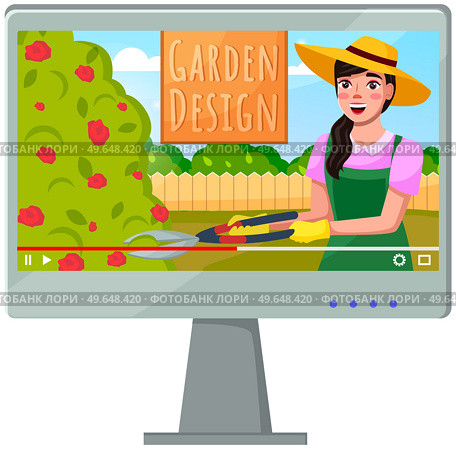 Video blog about grden design. Woman works near tree, engaged gardening, young gardener, cut greenery, design. Happy worker tools, pruning scissors street, bush, vigorous activity video on monitor. Woman works near tree, engaged gardening. Gardener pruning street with scissors video on monitor. Стоковая иллюстрация, агентство Ingram Publishing / Фотобанк Лори