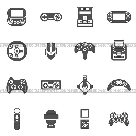 Video game black icons set with joystick console and other gadgets isolated vector illustration. Video Game Icons Set. Стоковая иллюстрация, агентство Ingram Publishing / Фотобанк Лори