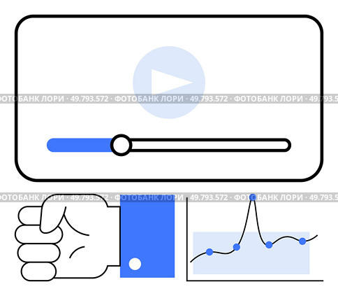 Video player interface with progress bar hand gesture, and graph. Ideal for media analysis, digital growth, user engagement, technology trends, data interpretation, innovation. Line metaphor. Digital Media Insights Video Playback and Data Visualization for Strategic Growth. Стоковая иллюстрация, агентство Ingram Publishing / Фотобанк Лори