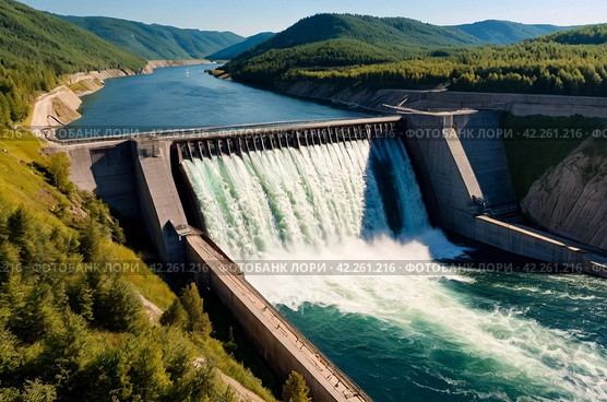 View of Parana river from modern giant dam, South America. Itaipu Binacional hydroelectric power station in Foz do Iguazu Brazil, border Paraguay. Hydro electrification concept. Copy ad text space. Стоковое AI-изображение, AI-художник Aleksandr Golubev / Фотобанк Лори