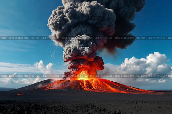 View of volcanic eruption, volcanic lava up from crater above, clouds and steam in sky. Scenery of crater from fire volcano. Global earth ecological concept. Gen ai illustration. Copy ad text space. Стоковое AI-изображение, AI-художник Aleksandr Golubev / Фотобанк Лори