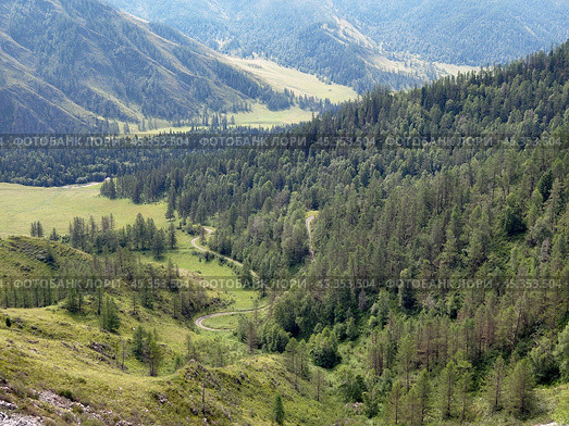 View on old winding mountain road on slopes mountain pass Chike-Taman, in Altai. Стоковое фото, фотограф Сергей Пристяжнюк (Serg Zastavkin) / Фотобанк Лори