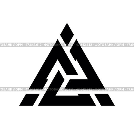 Viking Valknut sign symblol icon black color. Interwoven triangles. Vector illustration. Logo, tattoo, amulet. Scandinavian mythology. Odin Symbol, Trinity. Стоковая иллюстрация, иллюстратор Пискунова Марина / Фотобанк Лори
