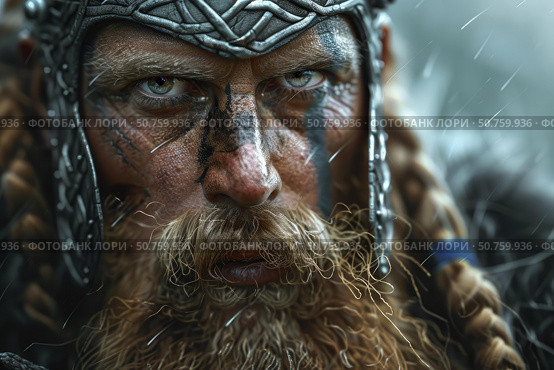 Viking warrior wearing helmet with scars and braids posing under rain. Стоковое AI-изображение, AI-художник Иван Рябоконь / Фотобанк Лори