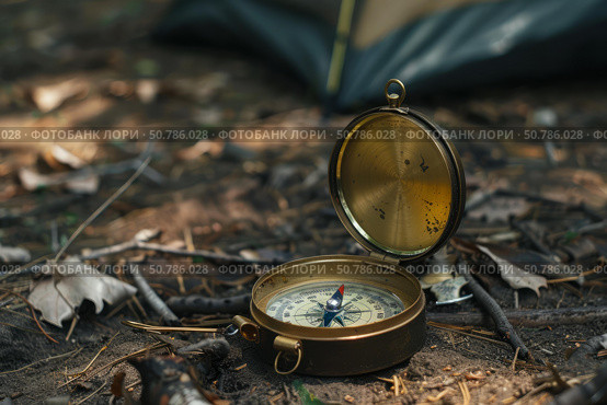 Vintage brass compass on forest ground. Стоковое AI-изображение, AI-художник Иван Рябоконь / Фотобанк Лори