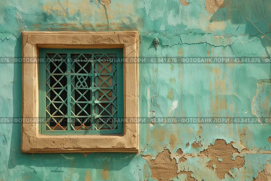 Vintage gridded window on weathered blue wall. Стоковое AI-изображение, AI-художник Иван Рябоконь / Фотобанк Лори