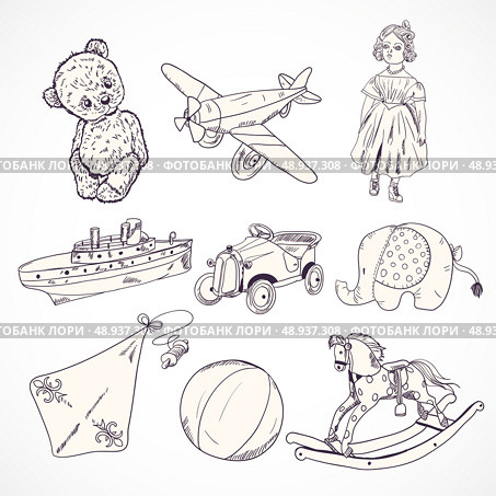 Vintage kids toys sketch icons set of teddy bear doll airplane car elephant isolated vector illustration. Стоковая иллюстрация, агентство Ingram Publishing / Фотобанк Лори